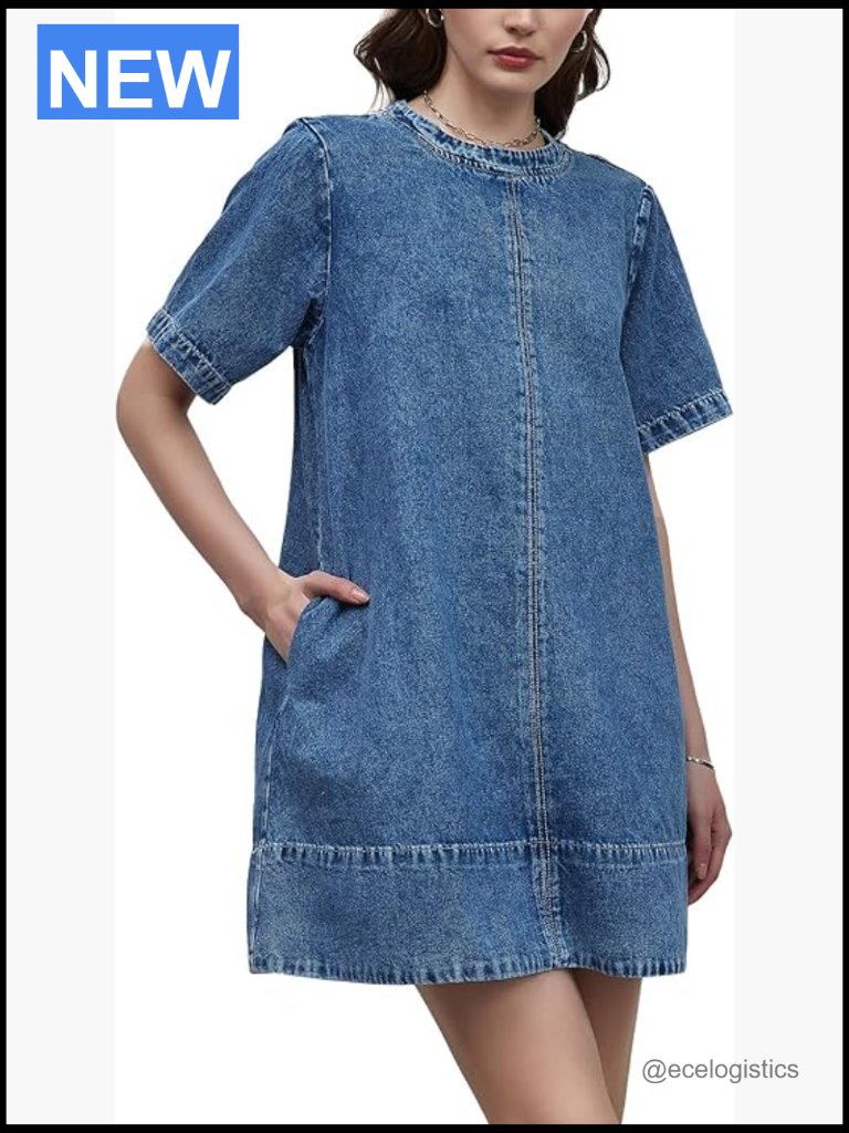 Oversized Denim Mini Dress With Pockets Short Sleeve Casual Chambray Dress